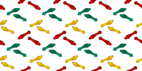 Seamless repeating pattern of marmalade eating sharks. Banner or wallpaper of edible sea fish on a white background. 