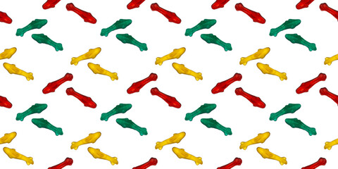 Fototapeta premium Seamless repeating pattern of marmalade eating sharks. Banner or wallpaper of edible sea fish on a white background. 