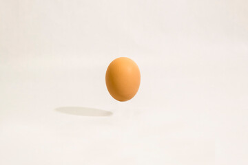 An egg casts a shadow in the air. The egg is on a white background.