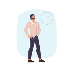 Cartoon flat man character stands on interior background.Young stylish male standing,posing - web online banner design,social concept