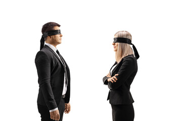 Profile shot of a businessman and businesswoman with blindfolds