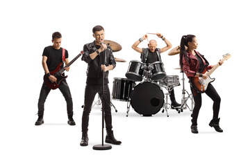 Rock music band performing with female guitarist, drummer and a male singer - obrazy, fototapety, plakaty
