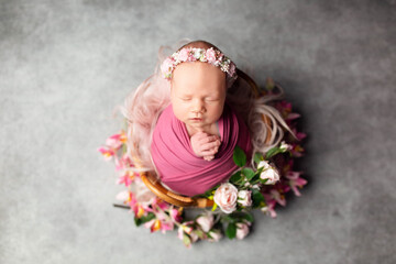 the first photo session of the newborn. newborn baby girl in flowers of roses. photo session of a newborn