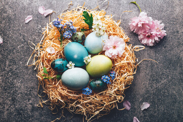 Homemade naturally dyed eggs in pastel colors