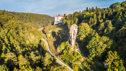 Limestone cliff Pieskowa Skala near Krakow, Poland, with isolated rock 