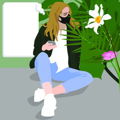 Square image of a girl on the grass, with a mask and a phone, looking at the flowers and plants and thinking something