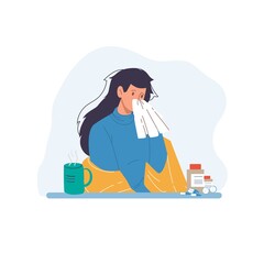 Vector cartoon flat patient character ill,sick person indoor at home quarantine self isolation-fever,coronavirus protection,covid,viral disease infection treatment and therapy medical concept