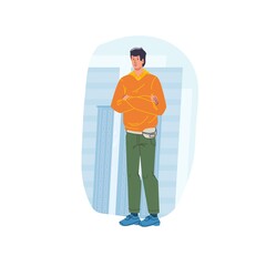 Cartoon flat man character stands on city building background.Young stylish male standing,posing - web online banner design,social concept