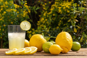 un verre rempli de citronnade, avec différentes variétés de citrons à côté - 421349635