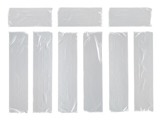 Set of different size silver grey adhesive tape on white background. Torn pieces of gray sticky...