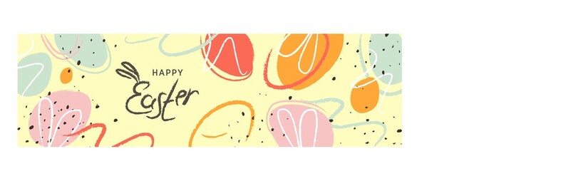 Happy Easter logo. Symbolic writing and images of Easter symbols-rabbits and painted eggs.