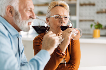 Mature couple drinking wine at home
