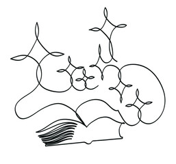 One line drawing of open magic book.
One continuous line drawing of old big book.