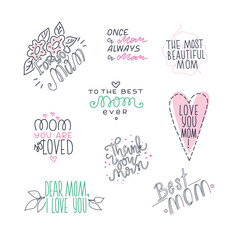 Set with simple quotes about mom, mother. Vector illustration, lettering, typography can use for card, web, sticker