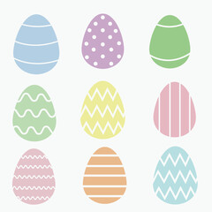 set of Easter eggs in pastel colors isolated on a white background. Happy Easter. Eggs in a flat style with a cut-out pattern of pink, blue, green, yellow and purple. Flat Easter