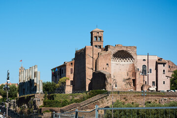 View of the Temple of Venus and Roma at the entrance of the Roman Forum in Rome.