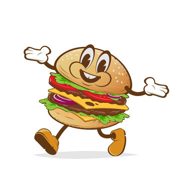 cartoon illustration of a walking burger with happy face