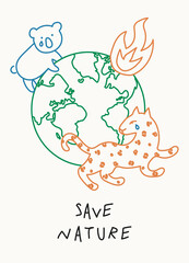 Motivational Eco poster for Earth Day with lettering Save Nature, hand drawn illustration in modern, trendy colors.