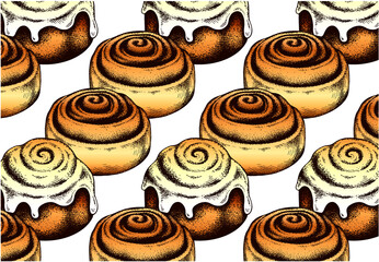 Sketch hand drawn pattern with brown frosted cinnamon rolls isolated on white background. Cinnamon bun with raisins, topping, glaze, icing. Drawing food for bakery, dessert menu. Vector illustration