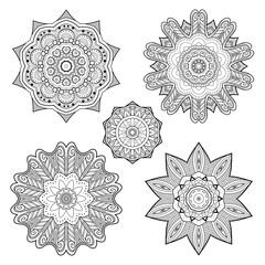 Vector Monochrome Set of Mandalas. Round Abstract Objects Isolated On White Background. Ethnic Decorative Element