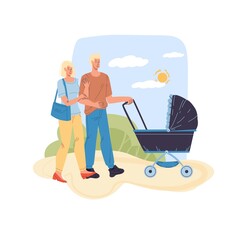 Cartoon flat happy family characters couple walks with baby carriage.Young people mom dad walking outdoors in city park- emotions,relationships,healthy family web online banner social concept