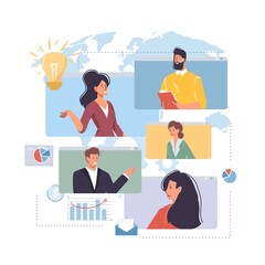 Vector cartoon flat characters talk online with colleagues friends.Young people chat,discuss business,perform tasks in different apps-online freelance,remote work,communication,social media concept