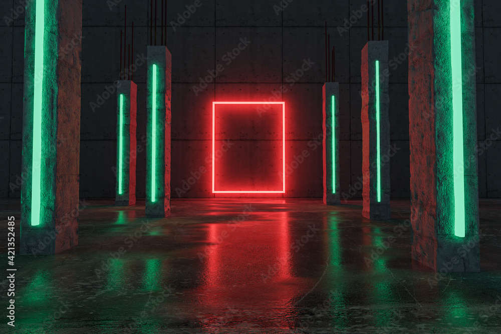 Poster red lighten rectangle shape next by green concrete pillars and grunge floor with puddles. 3d renderi