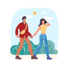 Vector cartoon flat characters couple on walk.Young man woman in love walking in city park outdoors-emotions,friendship,communication,relationships,web online banner social concept
