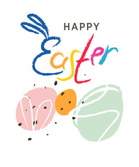 Happy Easter logo. Symbolic writing and images of Easter symbols-rabbits and painted eggs.