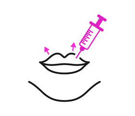 Lips, beauty salon concept, Lips and botox injection sign on white background. Lip cosmetology injection icon for mobile. Vector graphics.
