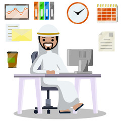 Arab man in white national dress. Middle Eastern businessman guy at work. person sitting in office with computer. Conducting business transactions. Set of business icons - folder, schedule, document
