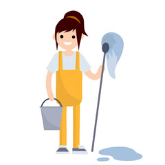 Woman cleaner with a bucket of water and a MOP. Girl in a yellow uniform wipes the floor from dirt and puddles. Cleaning service. Type of work and profession. Cartoon flat illustration