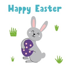 Happy Easter greeting card with a cute rabbit holding egg. Springtime cute bunny print in cartoon style. Vector illustration