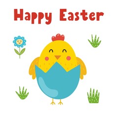 Happy Easter greeting card with a cute chick in eggshell. Springtime cute chicken egg print in cartoon style. Vector illustration