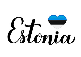 Estonia calligraphy hand lettering isolated on white. Estonian flag in shape of heart. Easy to edit vector template for typography poster banner, flyer, sticker, shirt, postcard, etc