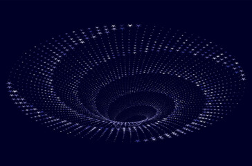 Tunnel or wormhole. Digital wireframe tunnel. 3D tunnel grid