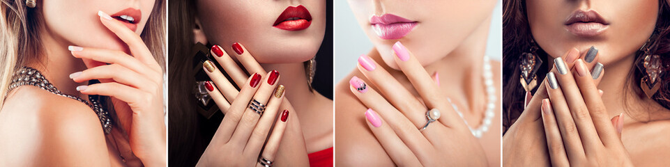Nail art and design. Beauty fashion model with different make-up and manicure wearing jewelry. Set...
