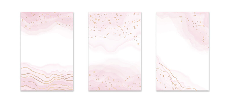 Abstract dusty pink liquid watercolor background with golden lines, dots and stains. Pastel blush marble alcohol ink drawing effect. Vector illustration design template for wedding invitation