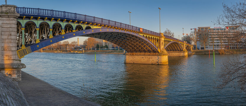 Clichy, France - 02 28 2021: Detail of the Gennevilliers Bridge at sunset