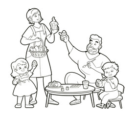 Coloring book: Happy family getting ready for Easter holiday.Parents, son and daughter painting Easter eggs and cake together.Vector illustration in cartoon style, black and white line art