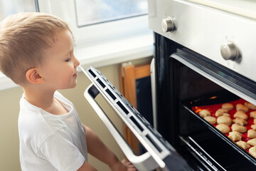 Cute adroable little caucasian blond 3-4 years boy enjoy have fun looking in open oven door...