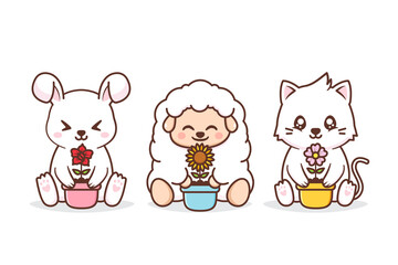 cute of group animal with pot of flower
