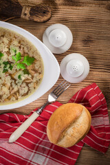 Homemade jelly meat on wooden table.