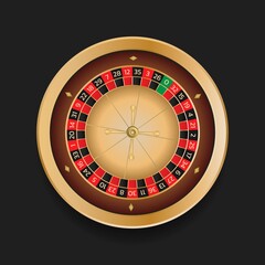 Obraz premium European roulette wheel online casino in gold color. Realistic style vector illustration isolated on dark background.