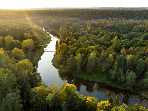 Aerial view of Laju takas, tree-canopy trail complex with a walkway, an information center and observation tower, Anyksciai, Lithuania