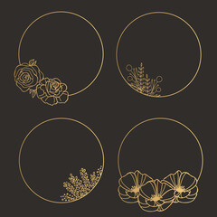 Hand Drawn Round Gold Frames with Flowers and Herbs