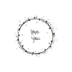 Hand Drawn Floral Frame with Love You Lettering. Greeting Card with Colorful Hearts Confetti