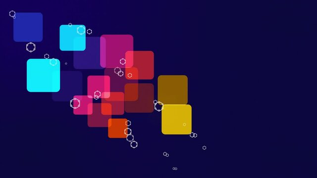 Motion background with colourful squares and white hexagons.