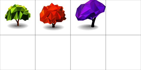 Three tree low poly icons set , green, orange and purple leaf isolate concept.