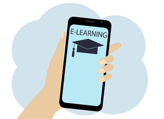 Hand with the phone. Online learning symbols on the phone